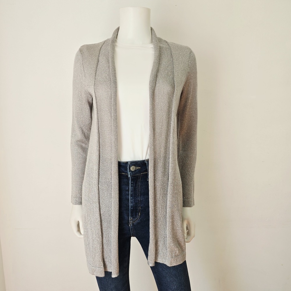 Chicos Metallic Silver Shimmer Sheer Cardigan Sweater Size 00 XS Open Front
